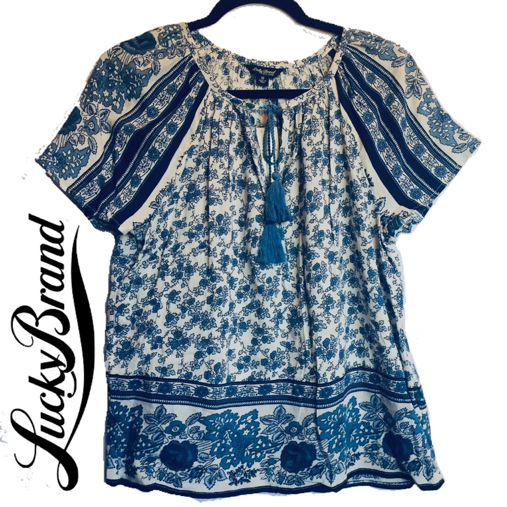Lucky Brand Boho Border Print Peasant Blouse NWT M